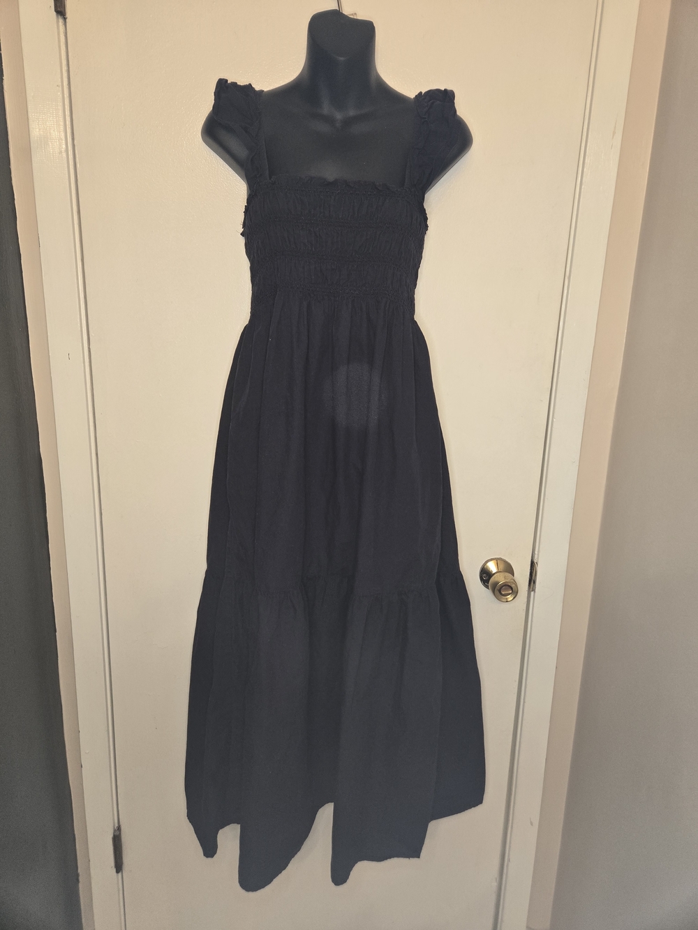 French Connection Black Smocked Maxi Dress with Ruffled Straps